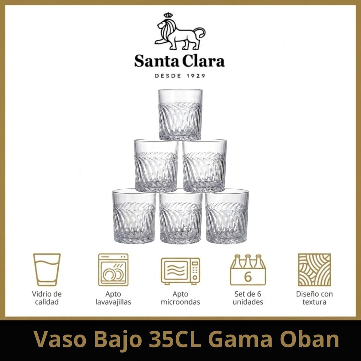 INDE SANTA CLARA | Set 6 Vasos de Cristal Agua 35cl Oban Tallado Transparente, Vasos Bajos de Vidrio Claro, Vasos Agua Aptos Lavavajillas y Microondas — view 2
