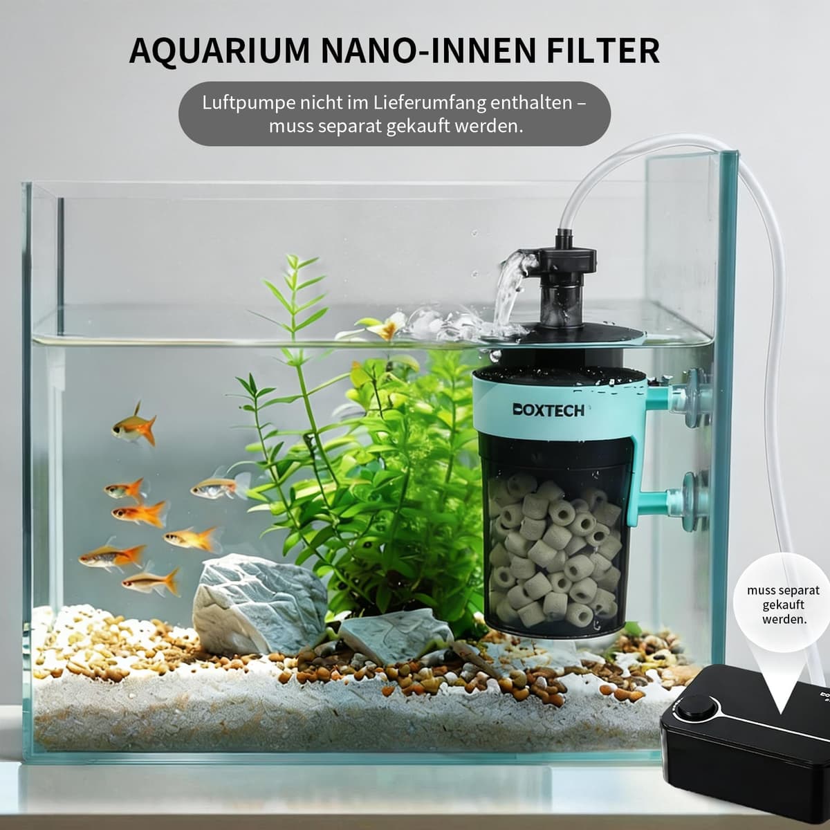 boxtech Filtro nano interior para acuario, filtro silencioso para acuario con medios de filtro, filtro compacto para gambas, betta y piscinas de cría (S) — view 5