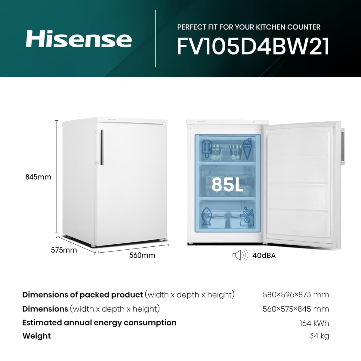 Hisense FV105D4BW21 56cm Under-Counter Freezer, 82-Litre Capacity, Reversible Door, 3 Freezer Drawers, White, E Rated — view 2