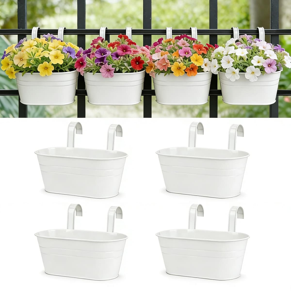 RIOGOO Macetas de metal Hierro Colgantes Macetas de jardín Macetas de balcón Macetas de metal Cubo de flores Soportes para colgar en la pared Maceta de decoración - Gancho desmontable (4 PCS) (blanco)
