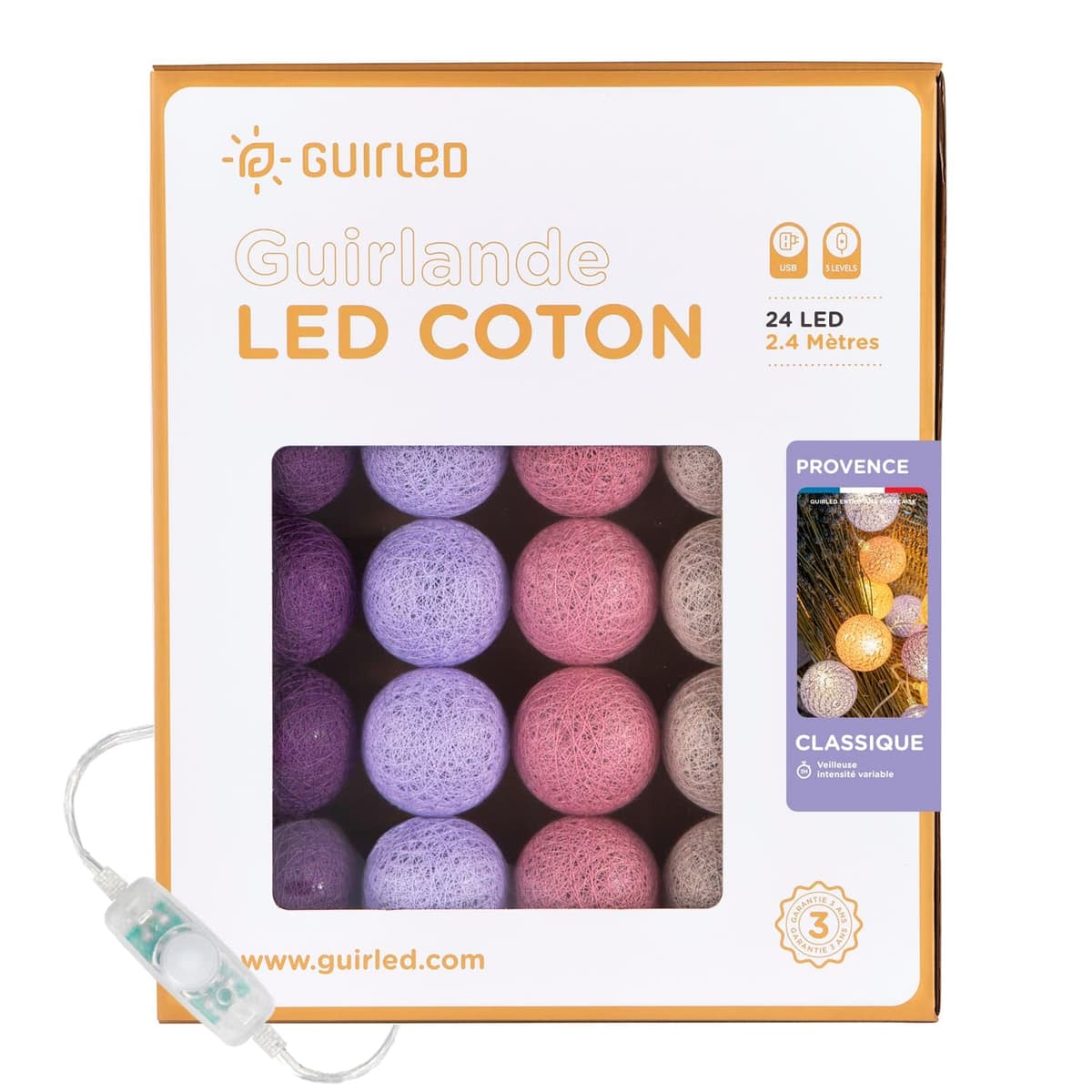 GuirLED - Guirnalda luminosa bolas de algodón LED USB- Luz de noche para bebé 2h - Adaptador de corriente dual USB 2A incluido - 3 intensidades - 24 bolas 2,4m - Provence