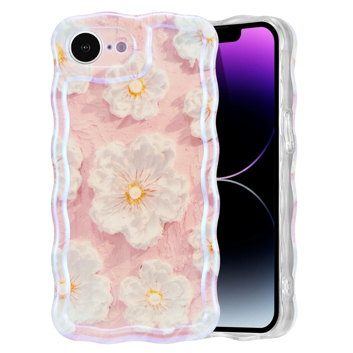 EYZUTAK Case for iPhone 16, Colorful Retro Oil Painting Printed Flower Laser Glossy Pattern Cute Curly Wave Edge Exquisite Phone Cover Stylish Durable TPU Protective Case for Girl Women-Green — view 63