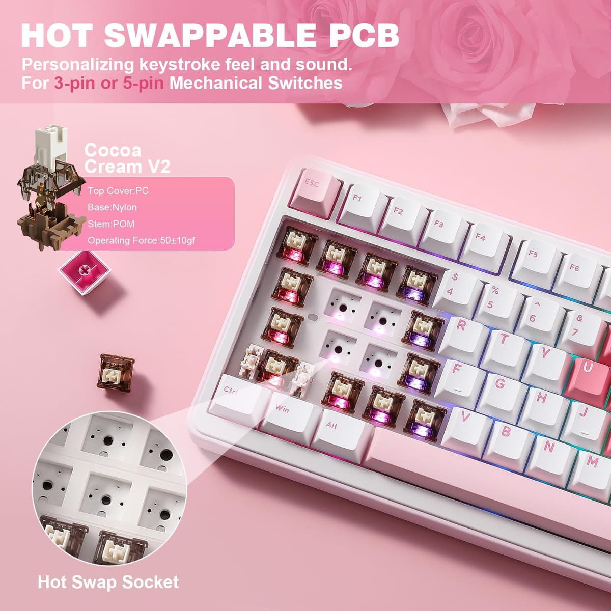 YUNZII B75 Pro Teclado Mecánico Inalámbrico,75% Teclado para Juegos Hot Swap Hot Swap Custom Teclado con Knob,Pre-lubed Switches RGB,BT/Tipo-C/2.4G Teclado (Blanco, Cocoa Cream V2 Switch) — view 5