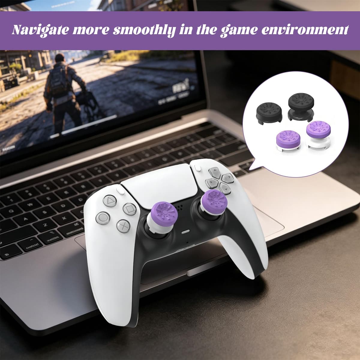 for Ps5 Thumb Grips, 4 Pcs FPS for PS4 and PS5 Controller Grips Enhanced Accuracy, Comfort, and Grip with PS5thumbsticks Covers (2 High-Rise, 2 Mid-Rise, Black and Purple) — view 5