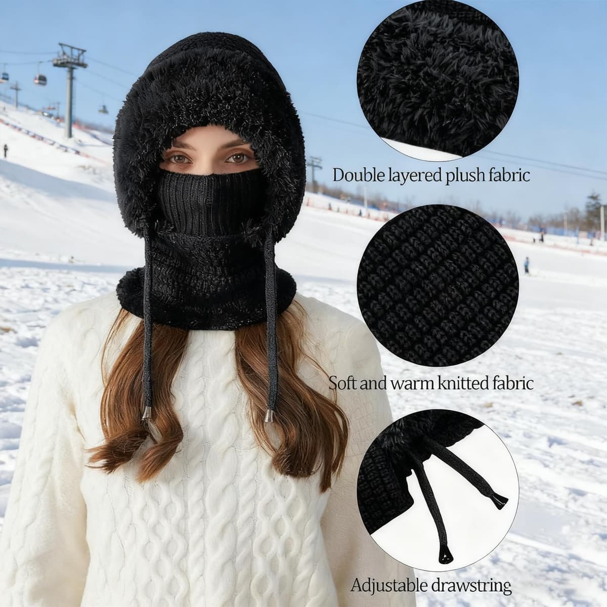 3 in 1 Beanie Hat for Women,All in One Hat and Scarf,Knitted Ski Scarf and Mask Set — view 4