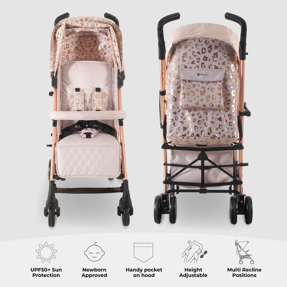 My Babiie MB51 Stroller – from Birth to 4 Years (22kg), Lightweight, Umbrella Fold, Travel Buggy for Toddlers, Pushchair Includes Footmuff, Cup Holder, Rain Cover - Pink Leopard — view 4