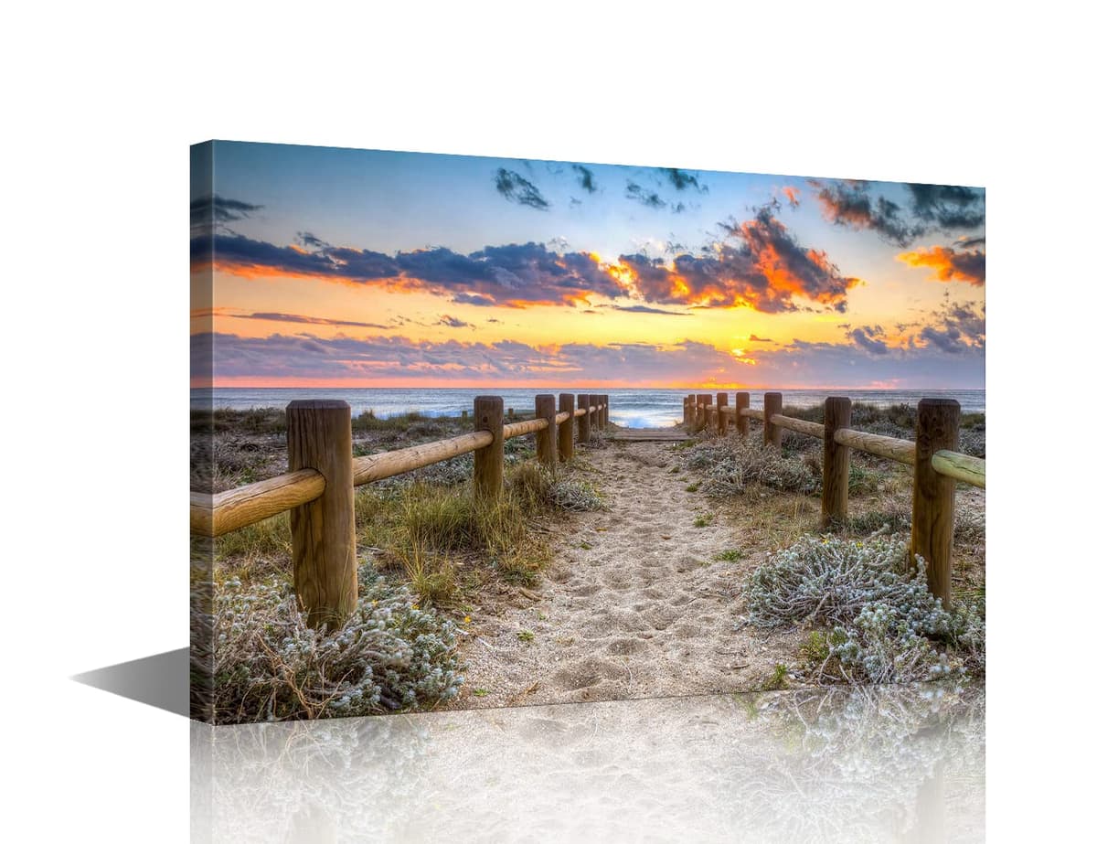 TISHIRON Wall Art Sandy Beach Sunrise Pictures Painting on Canvas Wall Art Modern Framed Seaside Canvas Prints Ready To Hang(24X16in) — view 11