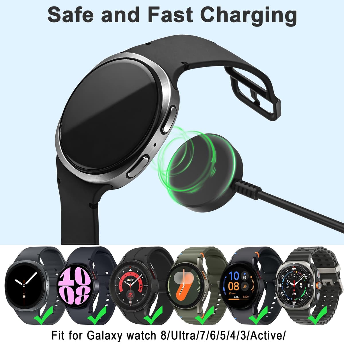 Upgrade 2 Pack 3.3ft Samsung Watch Charger, Magnetic Fast Charging Cable Galaxy Watch Charger Dock for Galaxy Watch 8/8 Classic/Ultra/7/6/6 Classic/5/5 Pro/4/4 Classic/3/FE/Active 1/Active 2 — view 2
