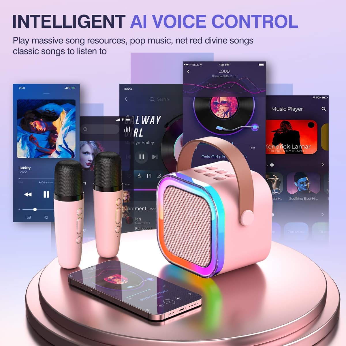 TAEMVV Mini Karaoke Machine for Kids,Portable BT Speaker with 2 Wireless Microphones and LED Light Holiday Birthday Gift Toy for Boys and Girls Teens Over 4,5,6,7,8,9,10,11,12+ Years Old（Pink） — view 2