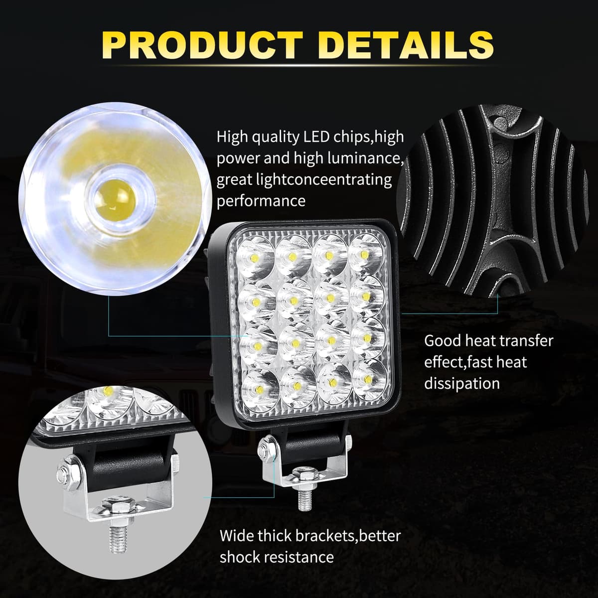 RIGIDON 1 Pcs Faro de trabajo rectangular, 3.3 pulgadas mini 48W, Spot lámpara para off road camión coche ATV 4x4 tractor moto, Exterior foco led 12v 24v spotlights faros antiniebla — view 4