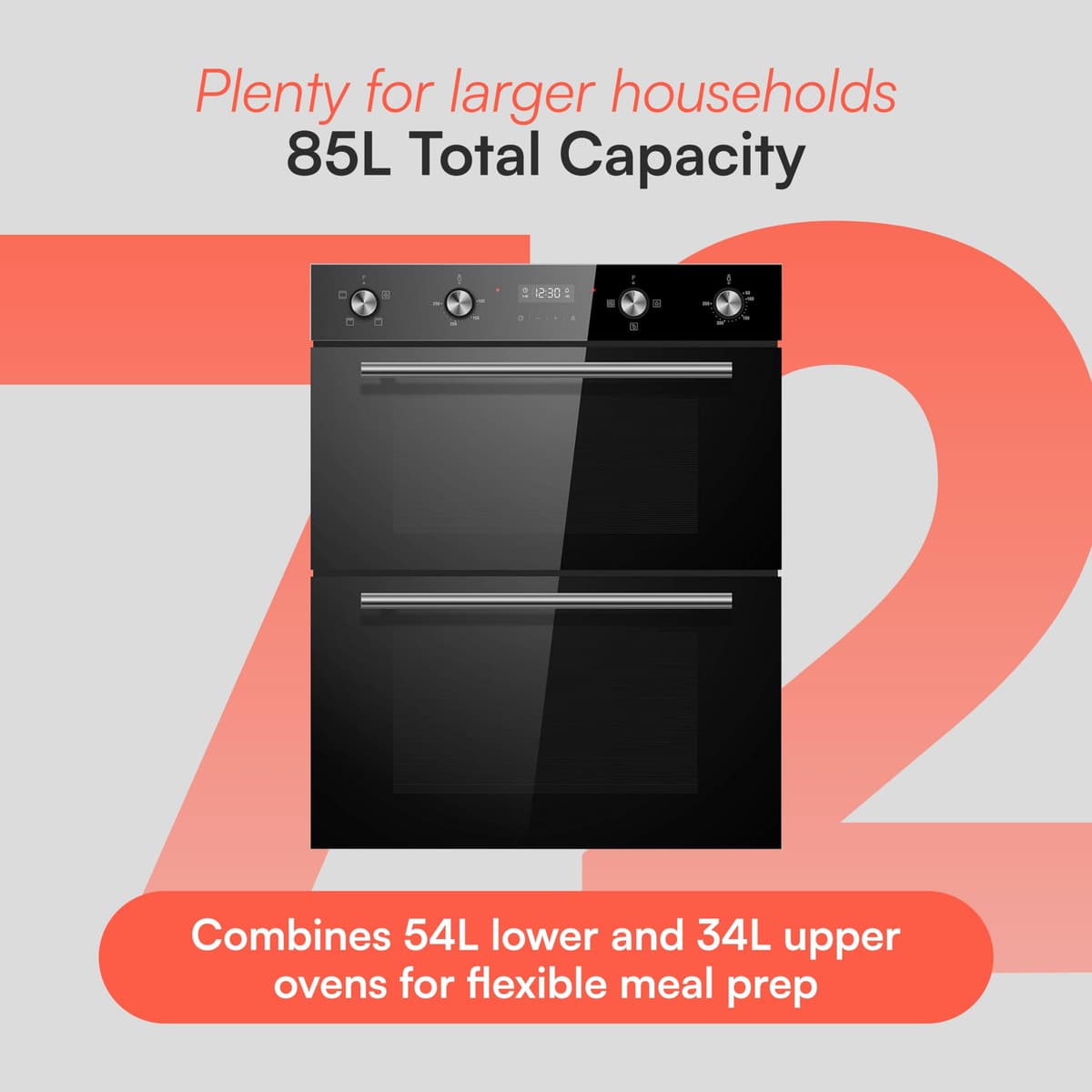 Cookology CDO720BK Built-in Electric Double Fan Oven in Black - Combined 85 Litre Capacity - Integrated Cooker - 6 Cooking Functions - Easy Programmable Timer - Dial Controls & Digital Clock — view 5