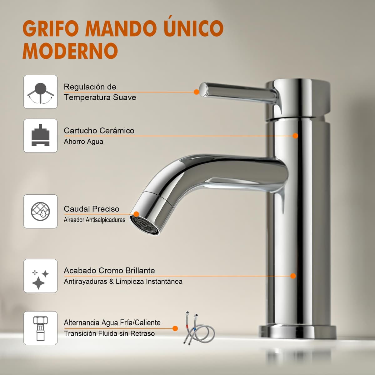 Ibergrif M11003 Grifo de Lavabo Monomando Mezclador de Baño en Acero Inoxidable con Aireador de Ahorro de Agua, Conexión G 3/8", Acabado Cromado — view 2