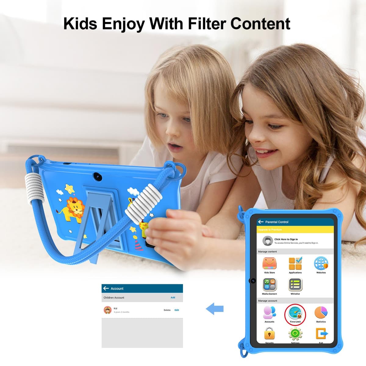 GOZZGEAR Android 13 Kids Tablets 7 inch for Toddler, Parental Control, Free Kids APP, 32GB, Expandable 512GB, 3500Mah, WiFi Dual Camera with Eye Protection, Blue — view 4