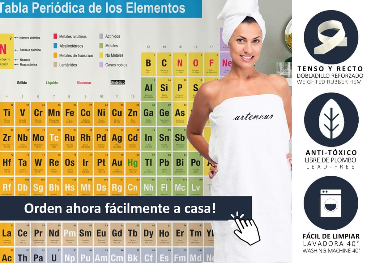 arteneur® - Cortina de Ducha 180x200 - Cortina de Baño Antimoho de Tela, Impermeable, Lavable y Opaco con Dobladillo Ponderado y Anillas (Tabla Periódica Española) — view 5