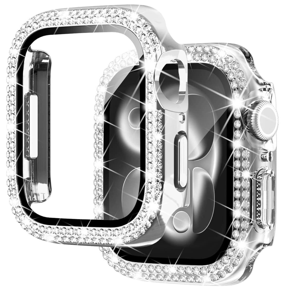NewWays 2 Pack Compatible with Apple Watch Case 40mm Built-in Screen Protector,Women Diamond Bling Cases for iWatch Series SE(2025-2020) 6 5 4,Silver/Clear