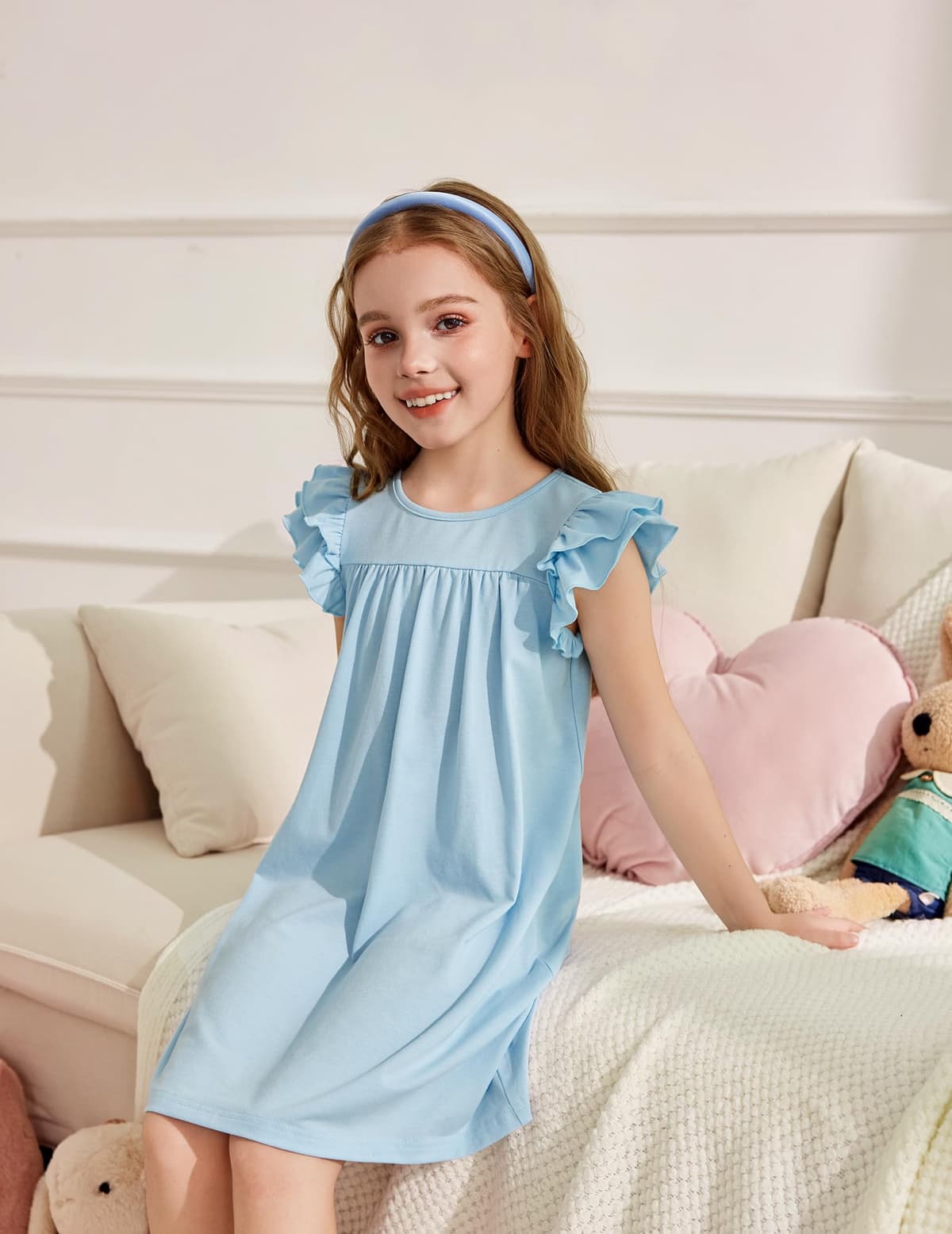 Arshiner Camisón para Niña con Mangas Volantes Vestido de Dormir para Niñas Verano Pijama de Manga Corta Cuello Redondo 5-14 Años — view 4