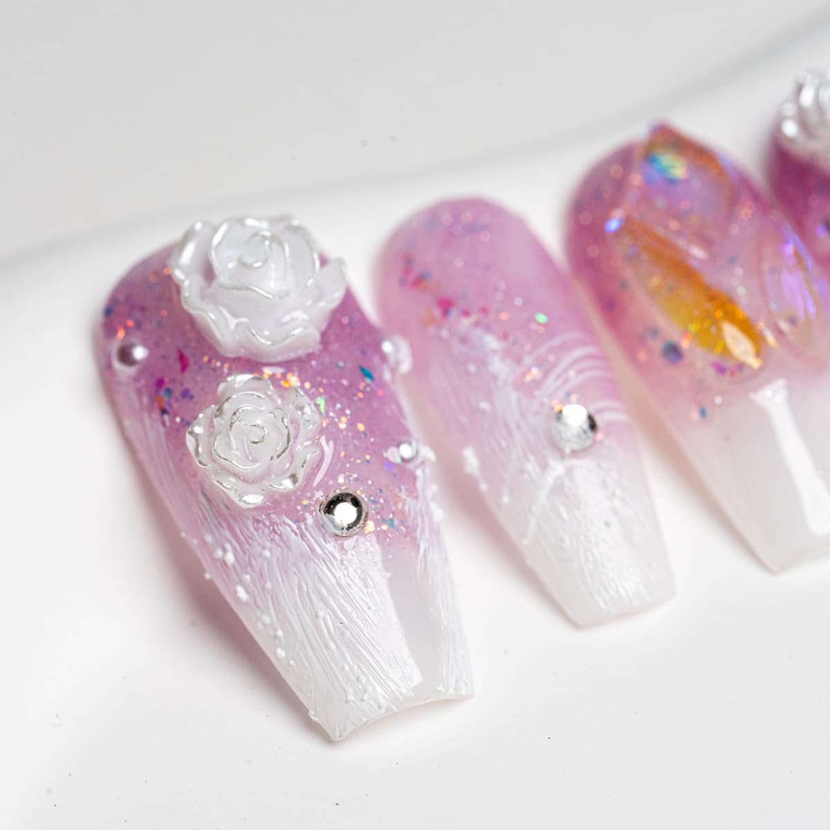 Sun&Beam Nails Handmade Press On Nail Long Coffin Ballerina Pink Flower Acrylic Fake Tip 3D Design Art Charms Cute with Storage Box 10 Pcs (S) — view 311