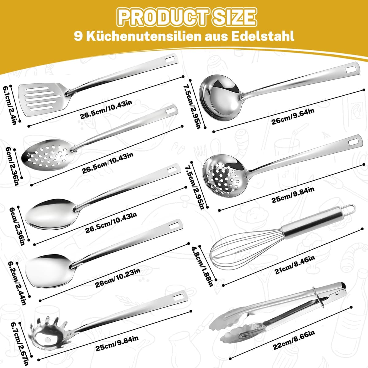 Juego de 9 utensilios de cocina de acero inoxidable – Herramientas de cocina con diseño de agujero colgante, utensilios de cocina, apto para lavavajillas, cucharón de acero inoxidable, espátula — view 2
