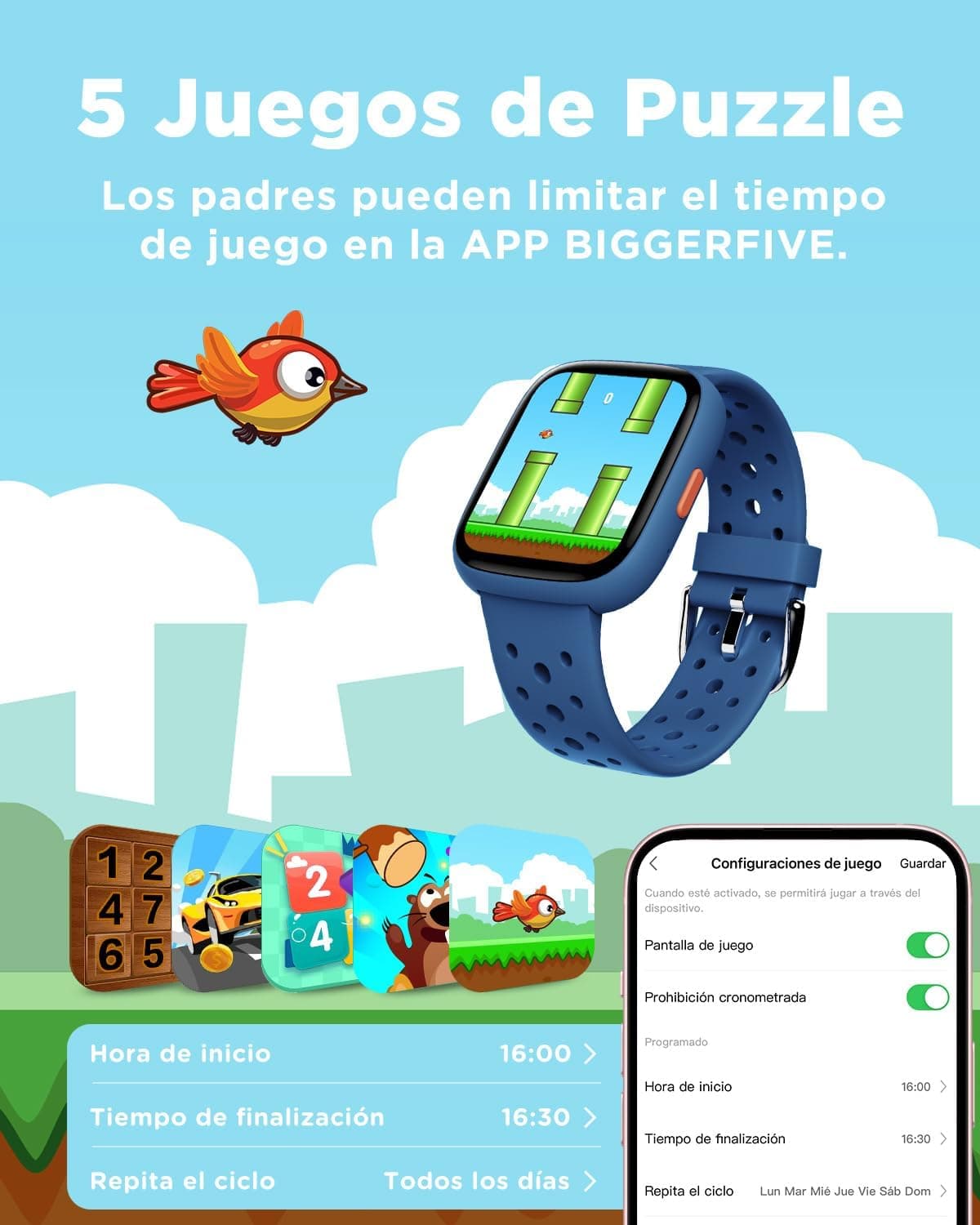 BIGGERFIVE Smart Watch for Kids, 1.8" Fitness Tracker Watch Pedometer, Heart Rate, Sleep Monitor, IP68 Waterproof, Calorie Step Counter, Puzzle Games with/Without APP for Girls Boys Teens 5-16, Blue — view 5
