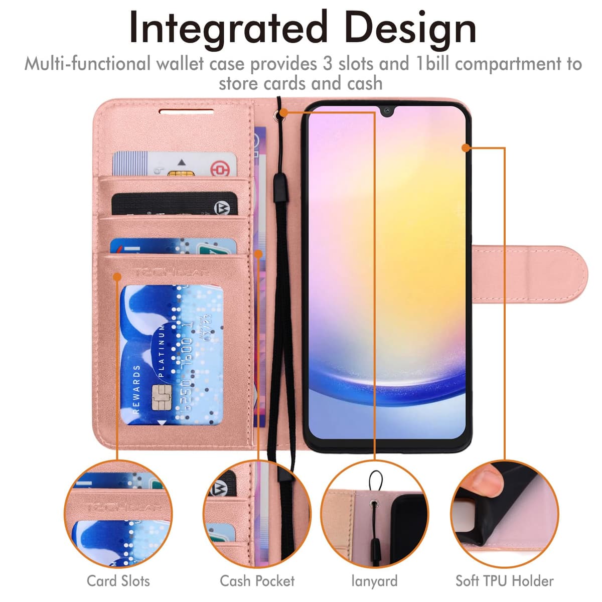 TECHGEAR Funda de Cuero tipo Cartera para Galaxy A25 5G, Funda Protectora con Tapa [BLOQUEO RFID] con Tarjetero, Soporte y Correa para la muñeca - Cuero PU Dorado Rosa con Cierre magnético para Samsun — view 5