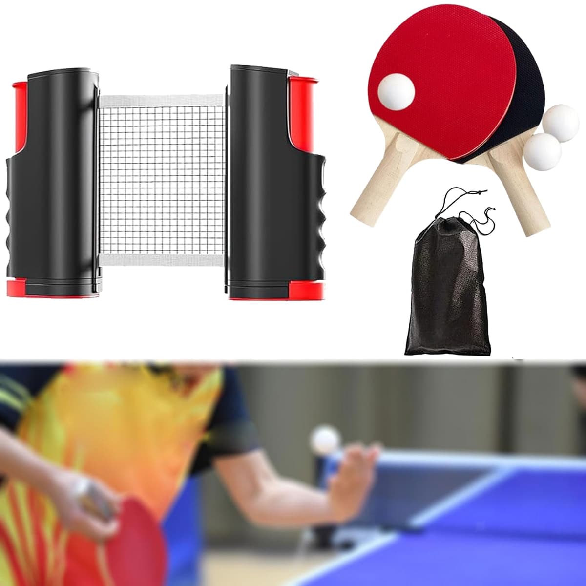 Persiiious Sets de Ping Pong, Juego de Tenis de Mesa Portátil, Set de Ping Pong Portátil, con 2 Raquetas de Ping Pong, 3 Bolas, 1 Red de Ping Pong Retráctil, 1 Bolsa de Almacenamiento — view 5