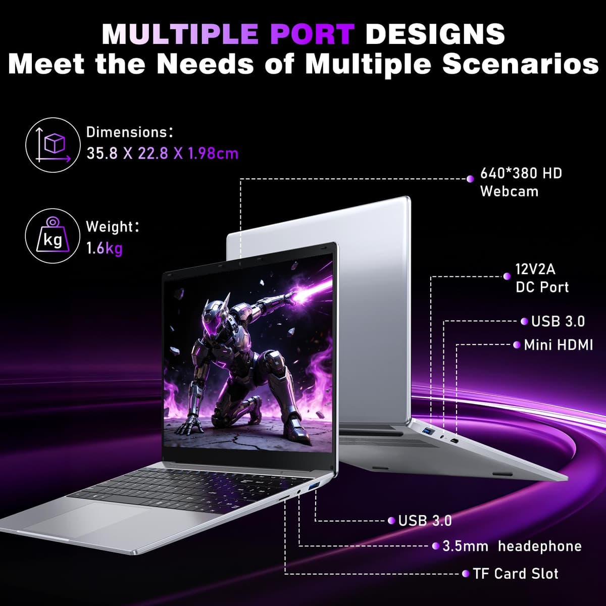 NAIKLULU 15.6 Inch Laptop with 4425Y Processor, 8GB RAM 256GB SSD Laptop Computer Pc 2026, FHD 1920 x 1080P, 5000 MAh/38.5Wh, Wifi 5, TF Card, Webcam, Touchpad, Student/Home/Business — view 4