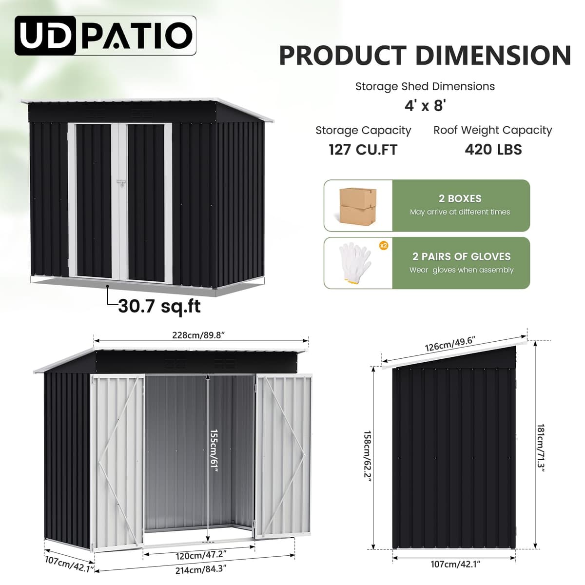 UDPATIO Metal Shed 8x4 FT, Outdoor Garden Storage, Waterproof Metal Shed for Firewood, Garbage Can, Tool, Lawnmower, Bike Shed, Galvanized Steel with Lockable Door for Backyard, Patio, Dark Grey — view 2