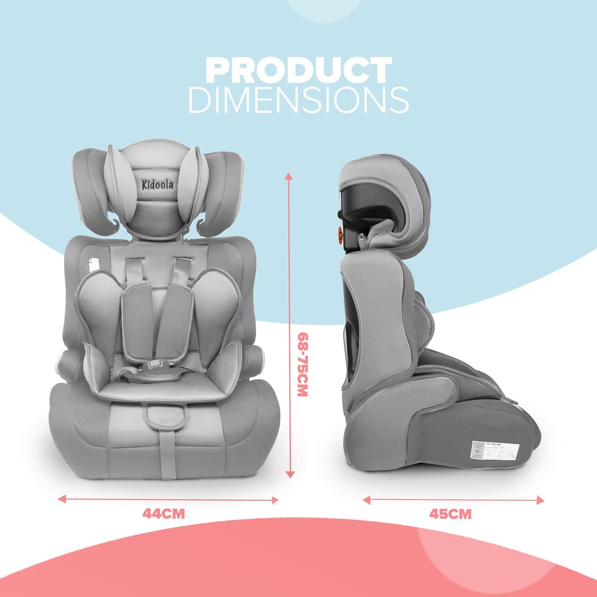 Kidoola Adjustable Car Seat for Toddlers & Children - Safety Certified Booster Seat, Padded & Comfortable with 3 Adjustable Age Functions & Straps, Up to 12 Years - ECE R44/04 (Grey & Black) (Grey) — view 2