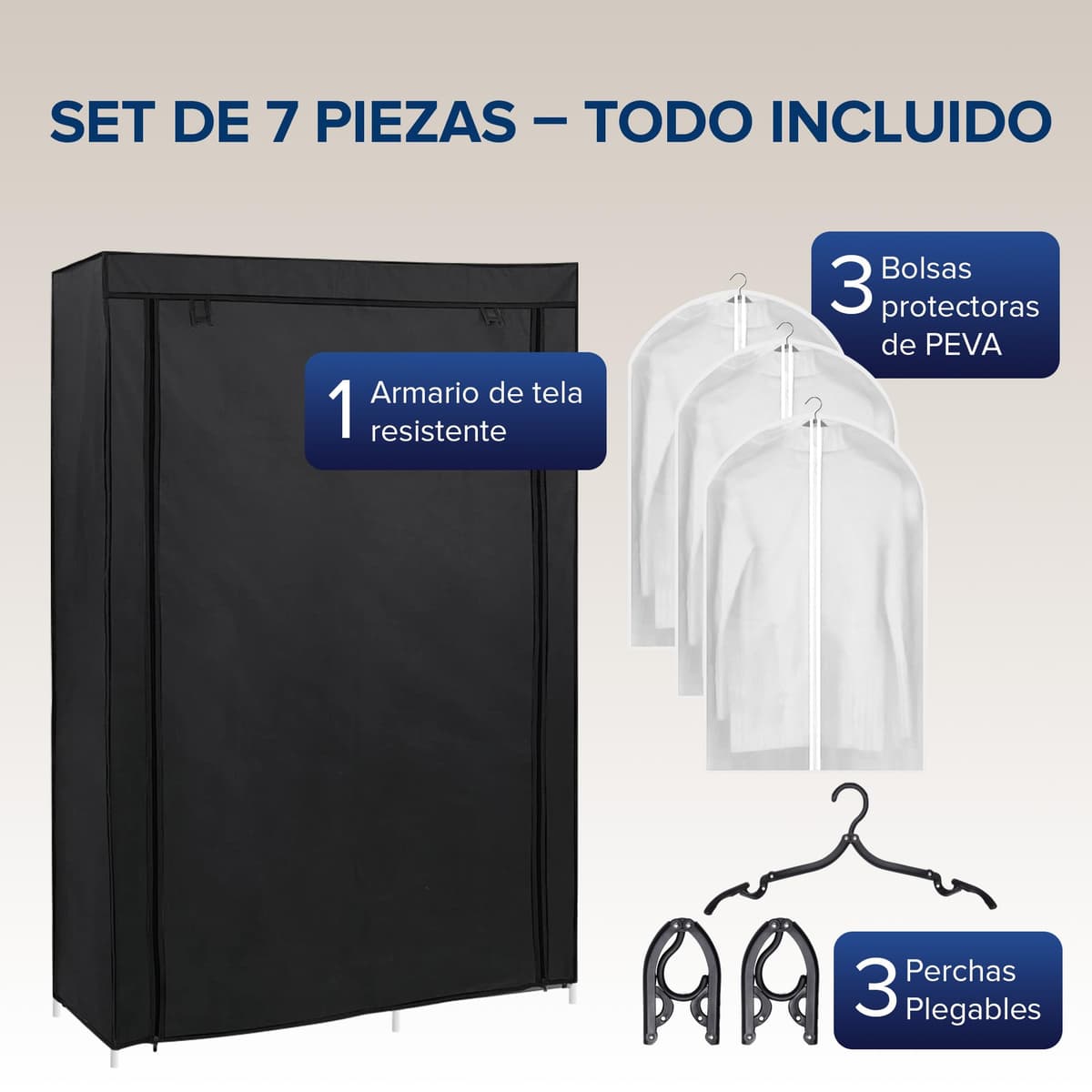 BILSOS Armario de tela105x45x165cm con 2 Barras para Colgar, 4 estantes, 3 Perchas Plegables y 3 Fundas, Armario ropero Tipo Burro Ropa Resistente - Closet Organizador — view 3