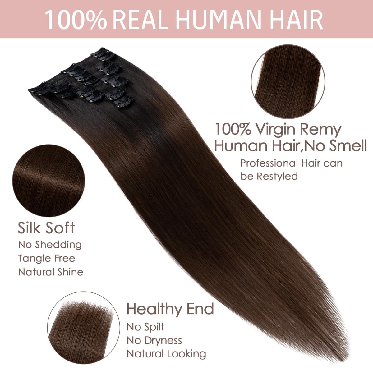 Silk-co 10inch Hair Extensions Clip in Hair Extension Human Hair #04 Medium Brown -Basic Thickness-Thin Weft- 8 Pieces Real Remy Straight Hair Extensions[50g] — view 42
