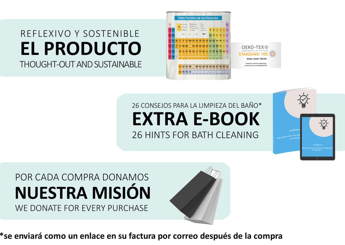 arteneur® - Cortina de Ducha 180x200 - Cortina de Baño Antimoho de Tela, Impermeable, Lavable y Opaco con Dobladillo Ponderado y Anillas (Tabla Periódica Española) — view 7