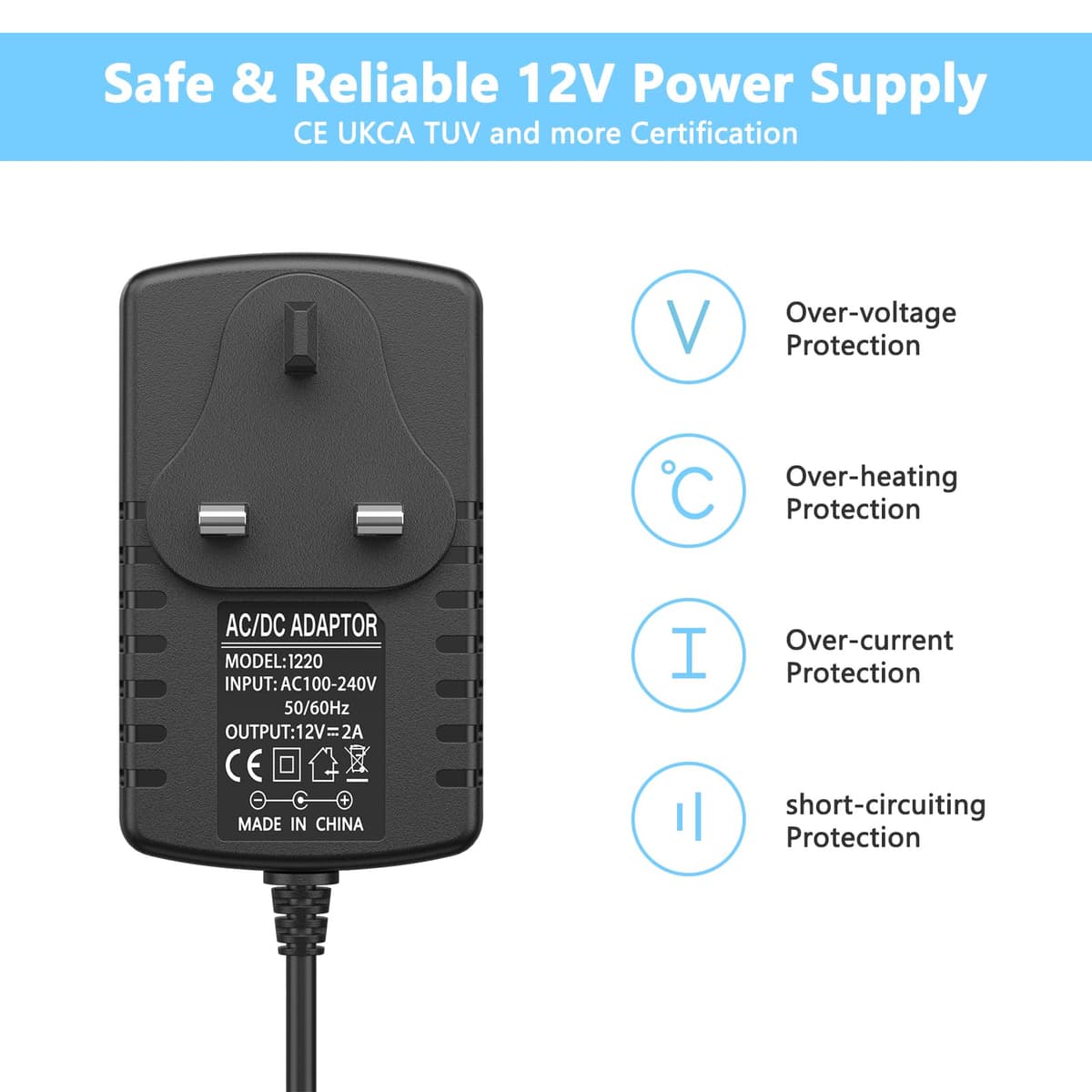 12V 2A Power Supply for LED Strip Lights, 100-240V AC to DC 12V Converter Adapter Driver Transformer, 24W UK Plug with 1.5M Cable, 5.5mm x 2.1mm Jack — view 5