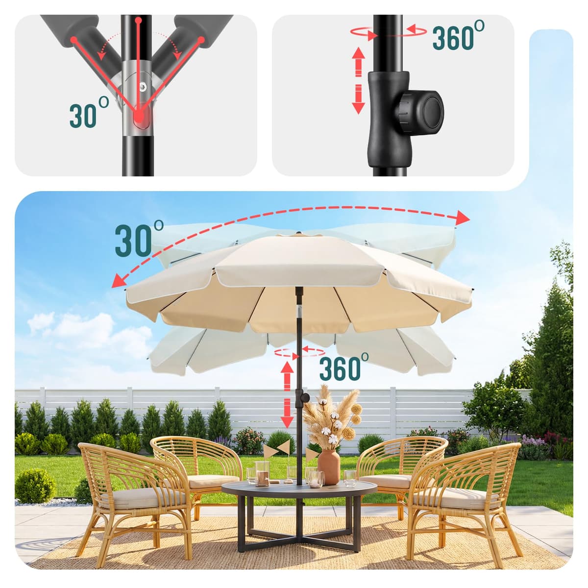VOUNOT® Sombrilla Playa Grande Ø200cm y Soporte Arena Mástil Inclinable Altura Regulable Protección UV 50+ Parasol con Techo Ventilación Bolsa Transporte para Playa Terraza Balcón Camping Exterior — view 5
