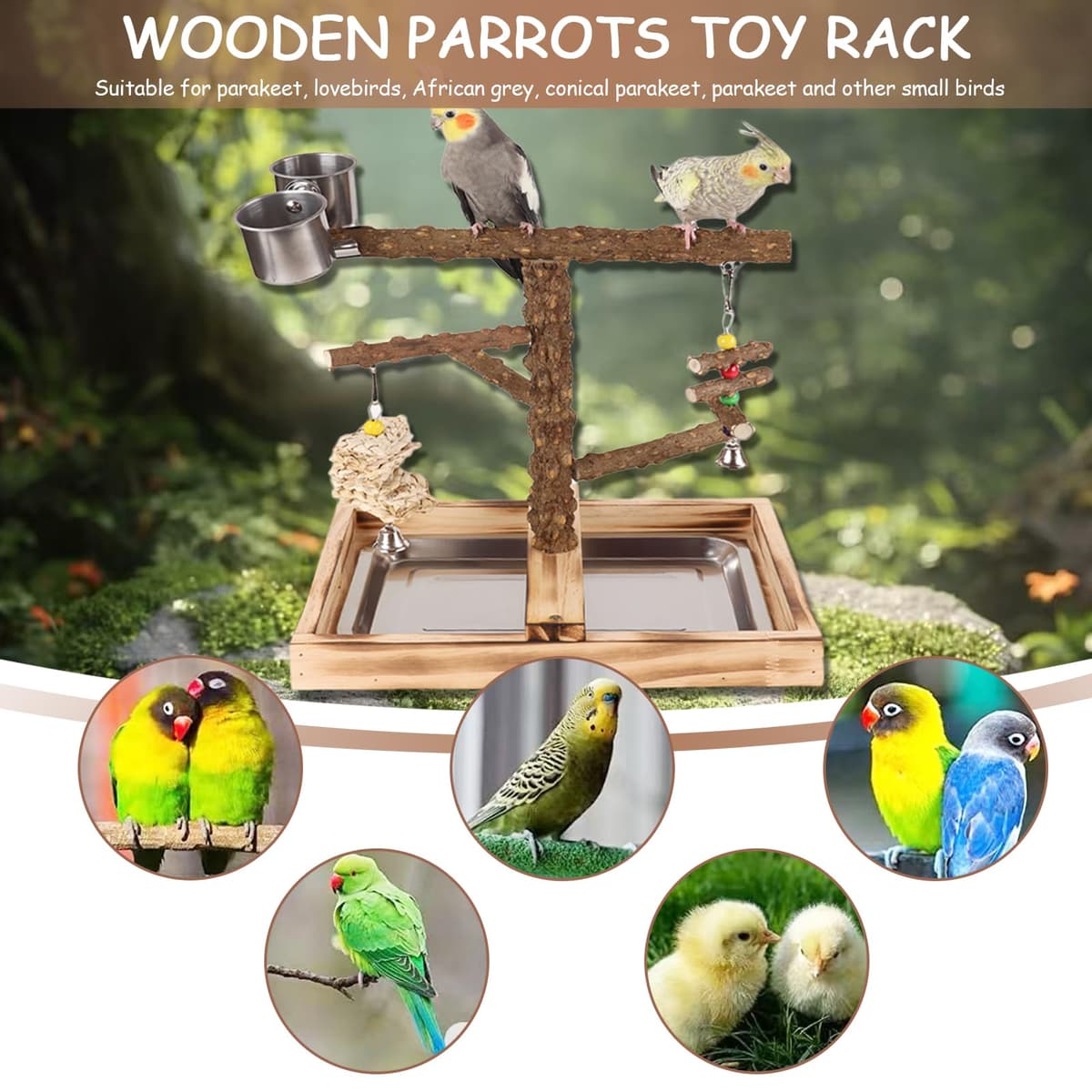 Aves Juego Stand - Puesto de Madera para Loros, Aves Stand con Percha, Taza de Alimentación, Bandeja y Juguetes de Gimnasio de Ejercicios para Pájaros Pequeños y Medianos — view 5