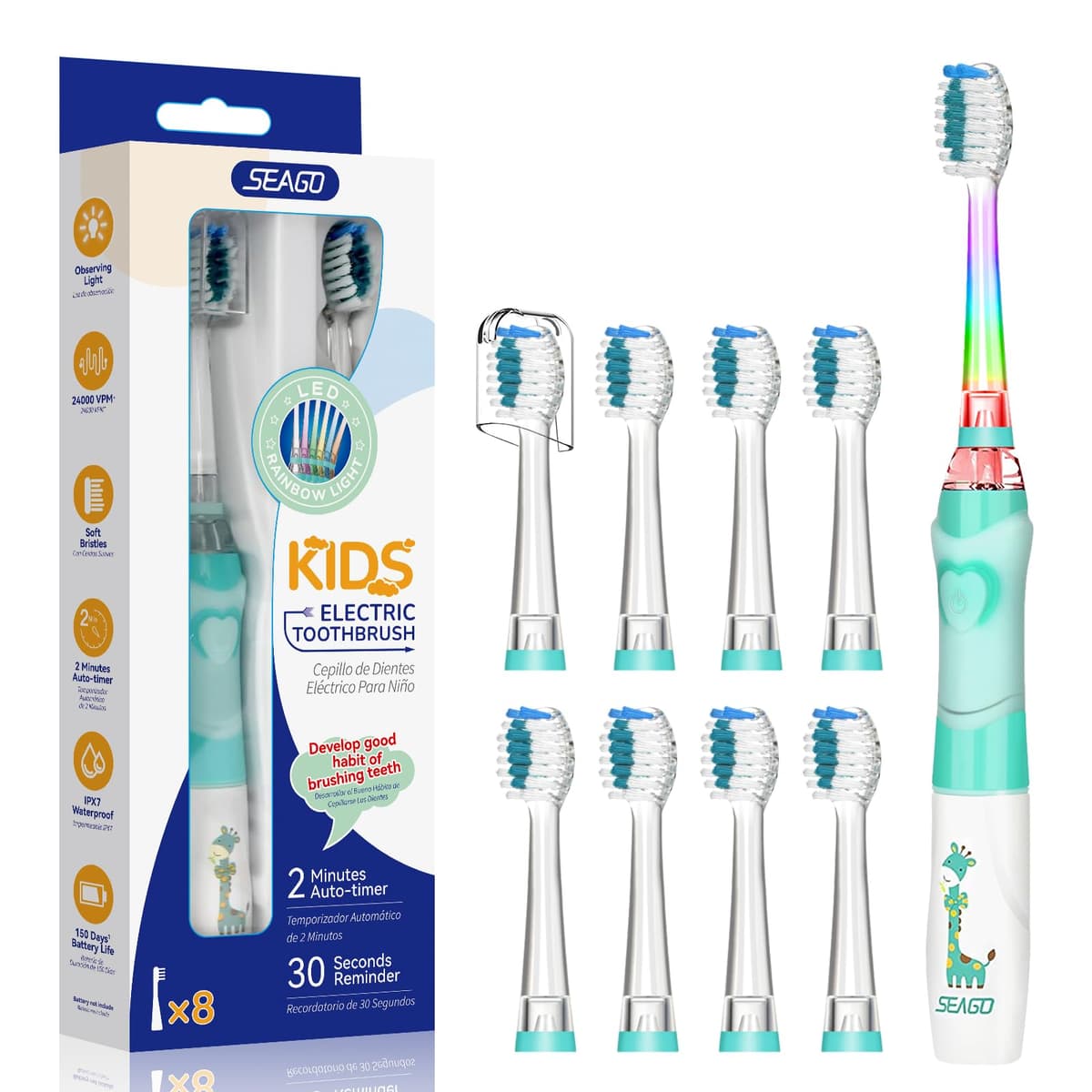 Seago Cepillo de Dientes Infantil Eléctrico Para Niños 3–12 Años Kids Con Luz de Colores,Temporizador Inteligente de 2 minutos,4 Cabezales Suaves SG-EK6/SG-977 (Rosa) — view 20