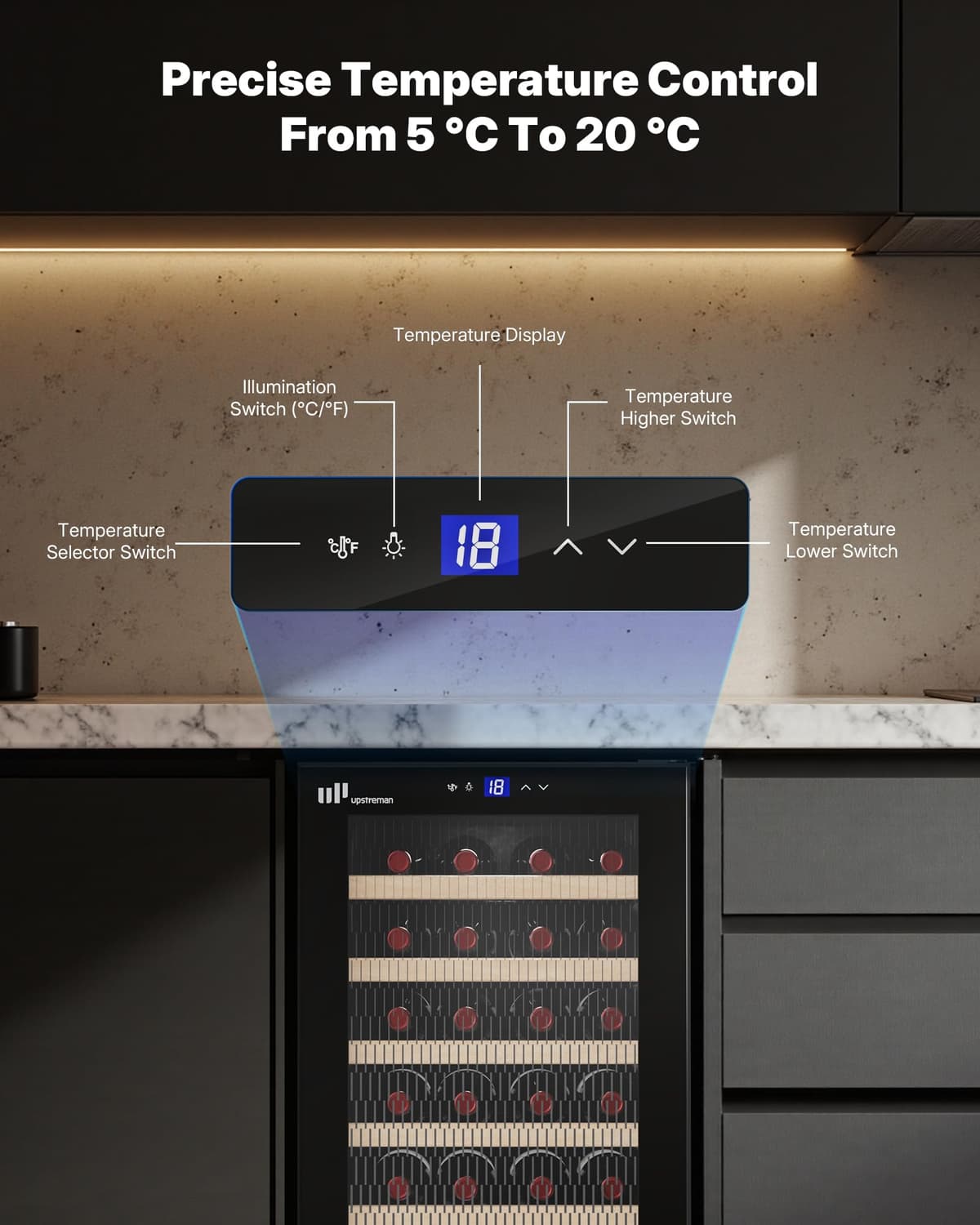 Upstreman Wine Fridge 24-Bottle, Full Glass Door Wine Cooler, 5°C - 20°C Adjustable, Built-in & Under-Counter Design, Double Glazing, Touch Control Panel, LED Light, 5 Shelves, W24-Black — view 4
