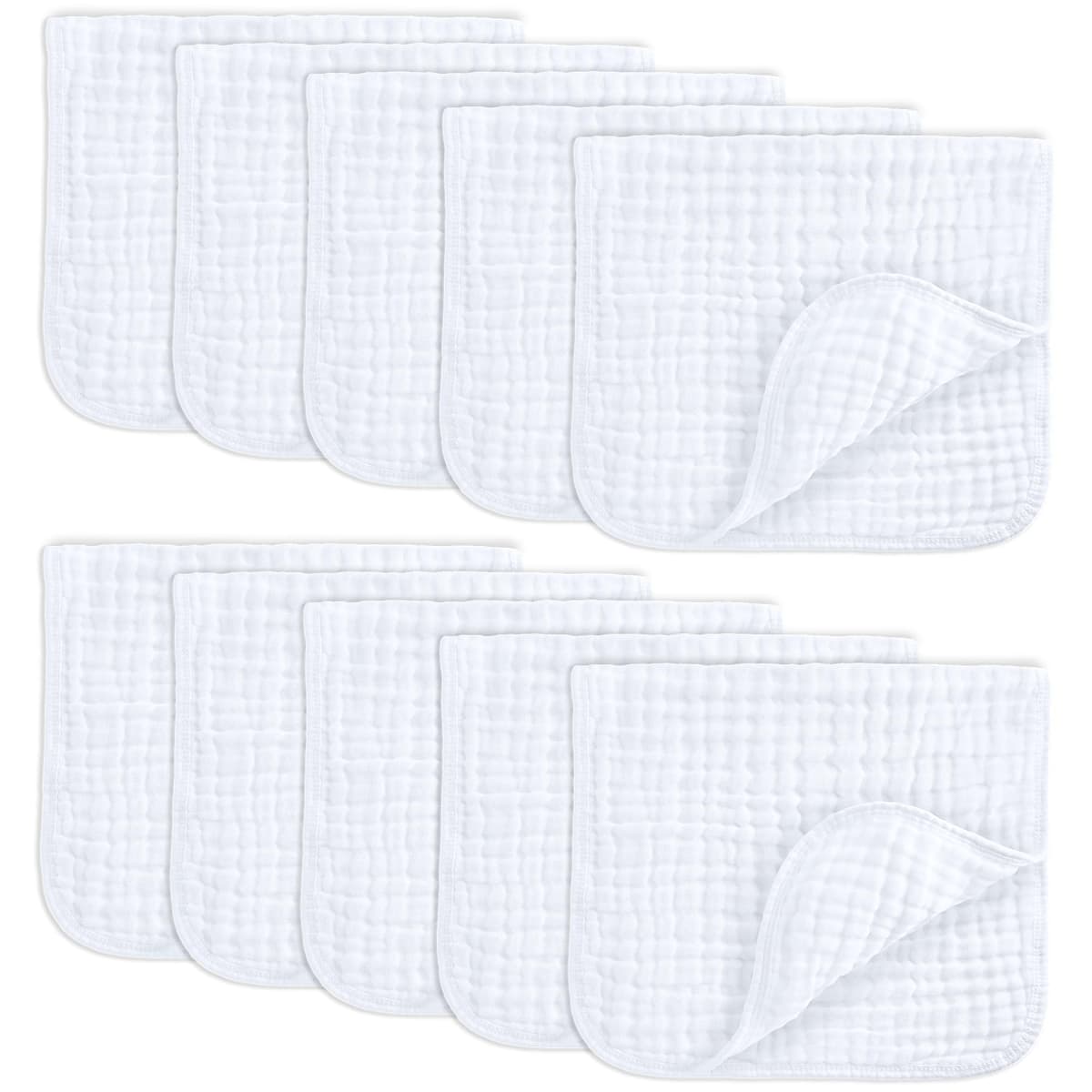 Comfy Cubs Muslin Burp Cloths 50 x 25 cm, Pack of 10 - Large 6-Layer Ultra-Absorbent 100% Cotton for Babies Drool & Messes - Safe & Gentle Baby Burp Cloth Set for Boys & Girls - White