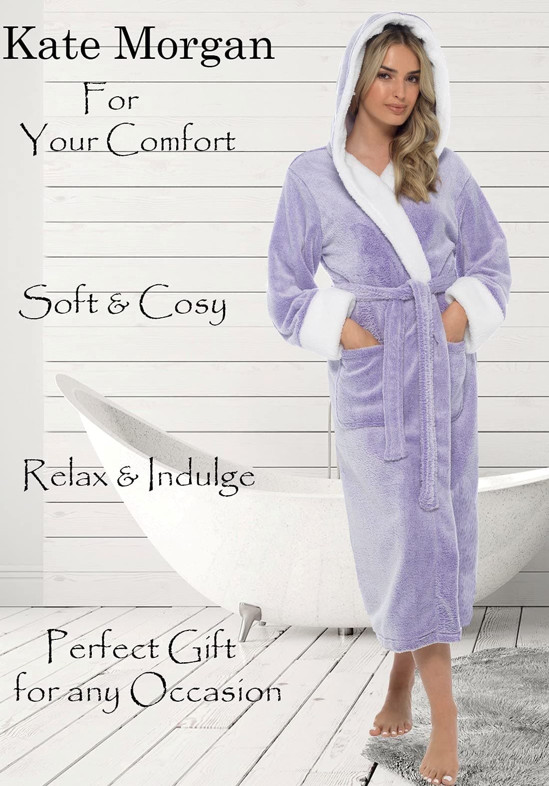 KATE MORGAN Ladies Dressing Gown Fluffy Super Soft Hooded Bathrobe for Women Plush Fleece Perfect Loungewear Long Robe | Gifts for Women — view 2