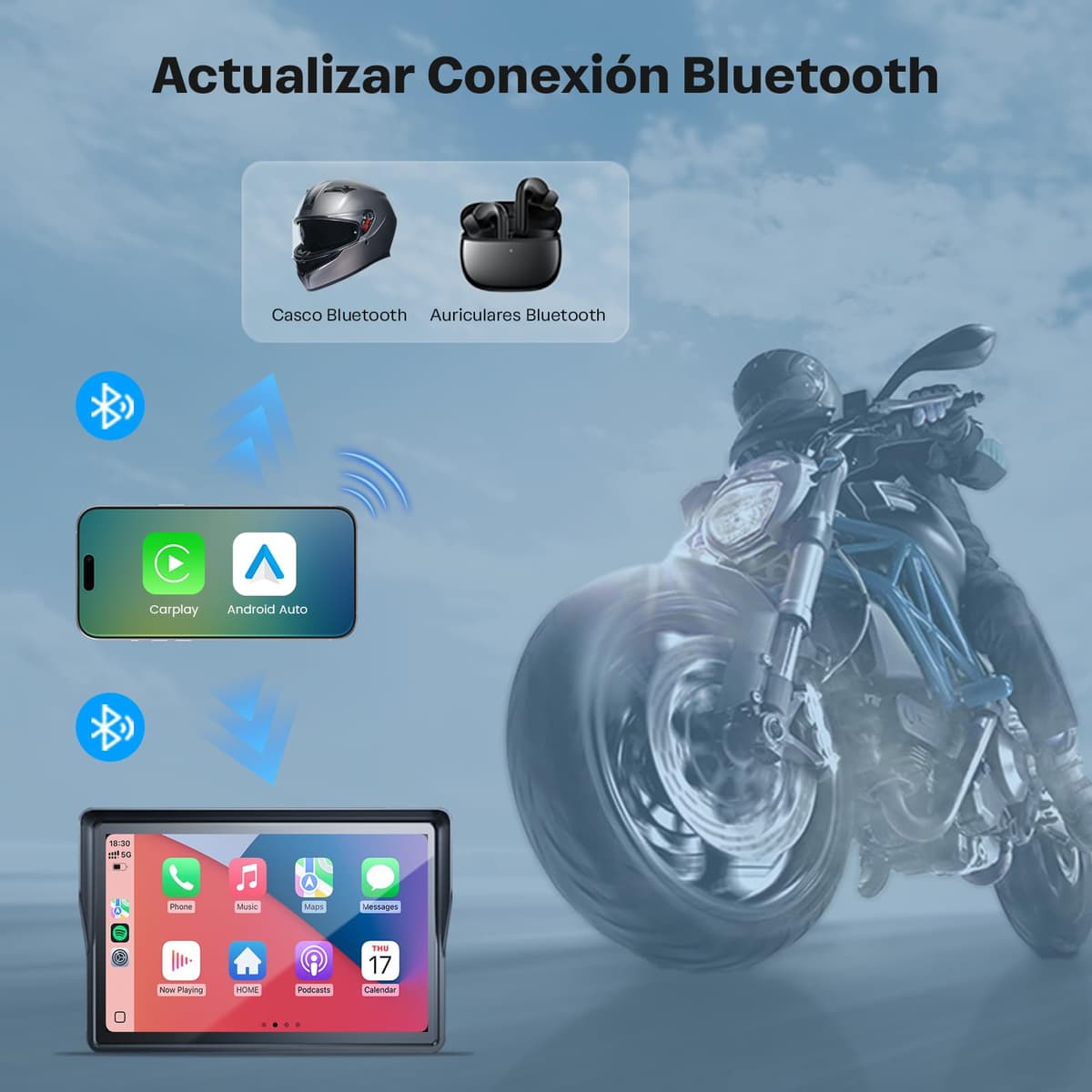 WonVon 5 Pulgadas CarPlay para Motocicleta Sistema de Navegación GPS con Apple CarPlay y Android Auto Pantalla Portátil con Doble Bluetooth, Navegación, Siri, Asistente de Google — view 4
