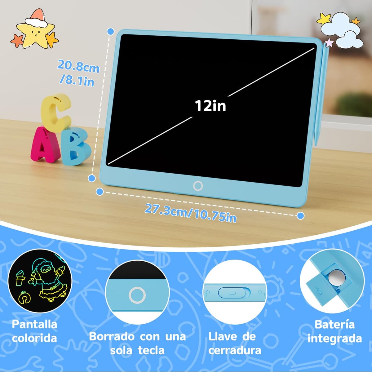 12 Pulgadas Edición Mejorada Tableta de Escritura LCD, Electight Tablero de Dibujo Electrónico Color para Niños con Borrable y Bloqueo, Reutilizable para Hogar, Escuela, Oficina (Azul) — view 3