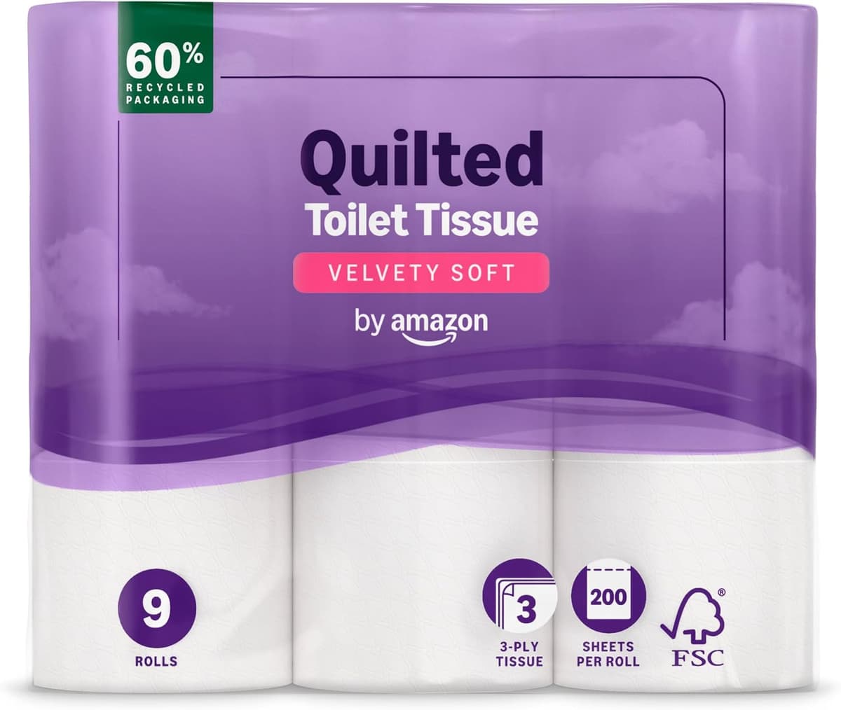 by Amazon Toilet Roll, 3-ply Quilted, Velvety Soft, 45 Rolls (5 Packs of 9), 200 Sheets per Roll, FSC Certified Standard 200 sheet (Pack of 45)
