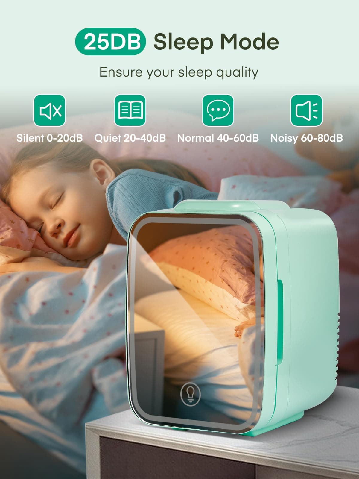 FOHERE Mini Fridge for Bedrooms, 5L/6 Can Portable Skincare Fridge with Dimmable LED Light Mirror, Cooler & Warmer for Food, Drinks and Cosmetic (Green) — view 6