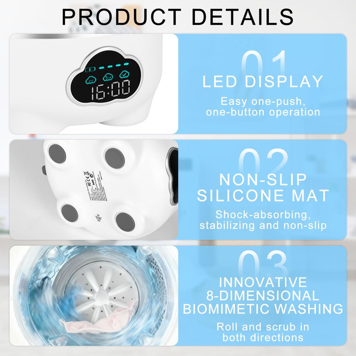 DMJJSD Lavadora portátil, lavadoras pequeñas de 1,6 L, 6000 mAh, 3 modos de lavado, pantalla LED, lavadora plegable USB, para camping, hogar, apartamento, hotel, camping y viajes — view 3