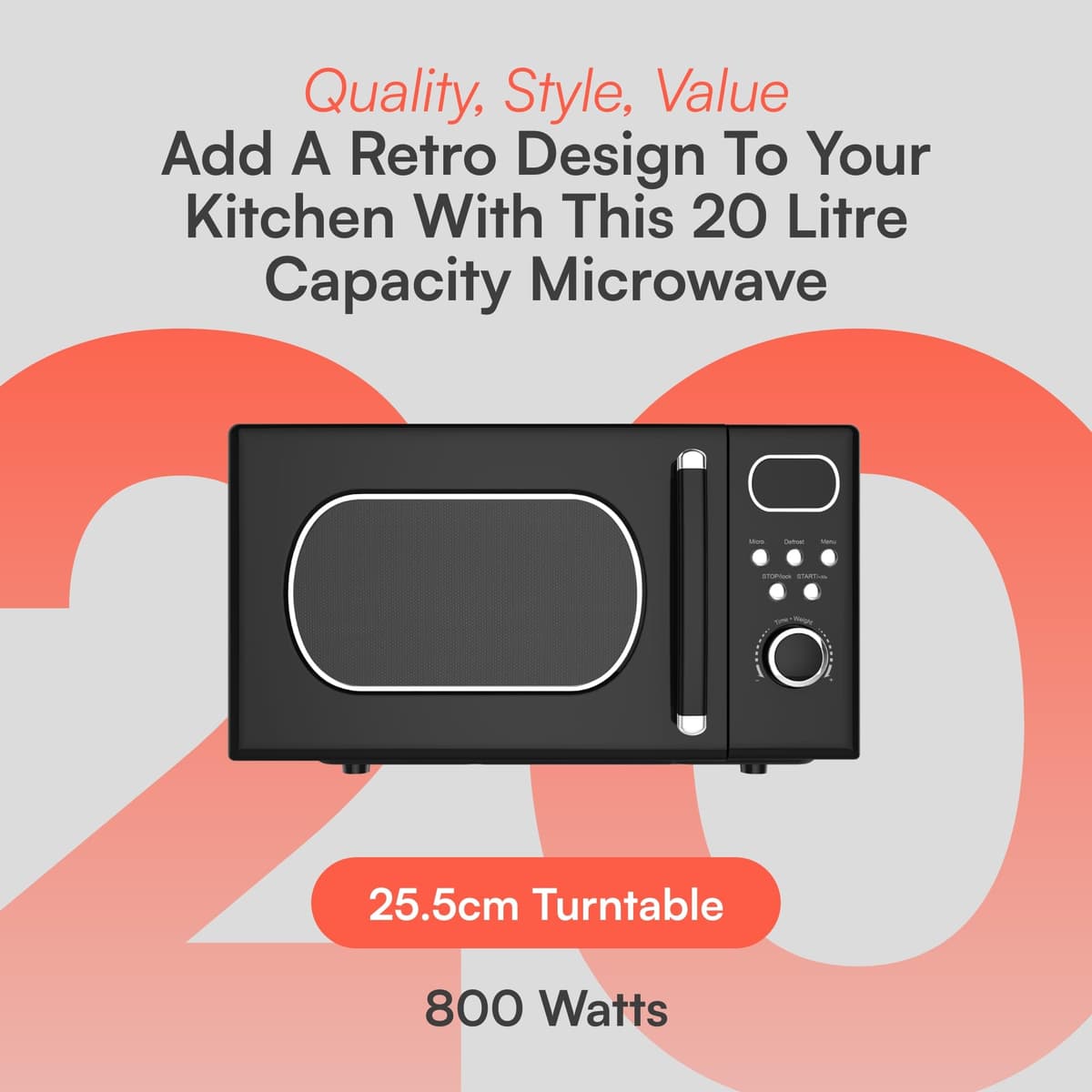 Cookology RETDD20BK Freestanding Retro Microwave - 20 Litre Capacity - With 25.5cm Turntable - 800W Microwave - 8 Auto Cooking Programs - 5 Cooking Power Levels - Defrost Setting - Black — view 2