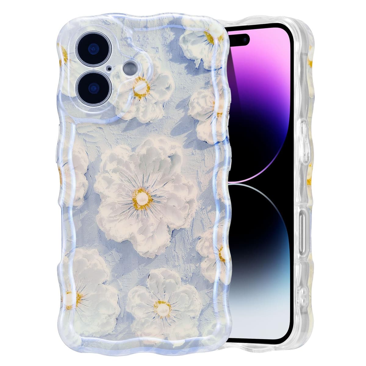 EYZUTAK Case for iPhone 16, Colorful Retro Oil Painting Printed Flower Laser Glossy Pattern Cute Curly Wave Edge Exquisite Phone Cover Stylish Durable TPU Protective Case for Girl Women-Green — view 51