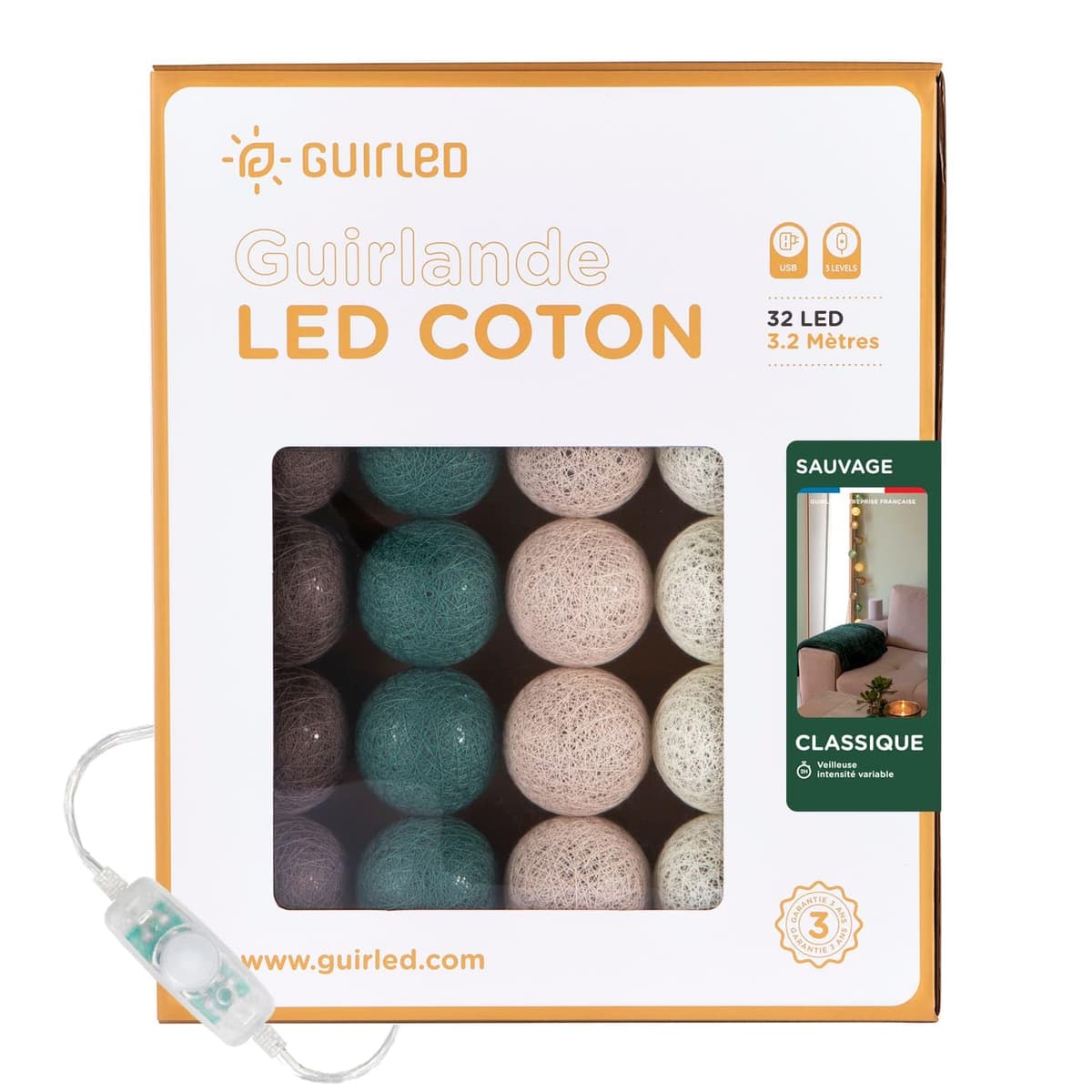 GuirLED - Guirnalda luminosa bolas de algodón LED USB- Luz de noche para bebé 2h - Adaptador de corriente dual USB 2A incluido - 3 intensidades - 16 bolas 1,6m - Byzantin — view 77