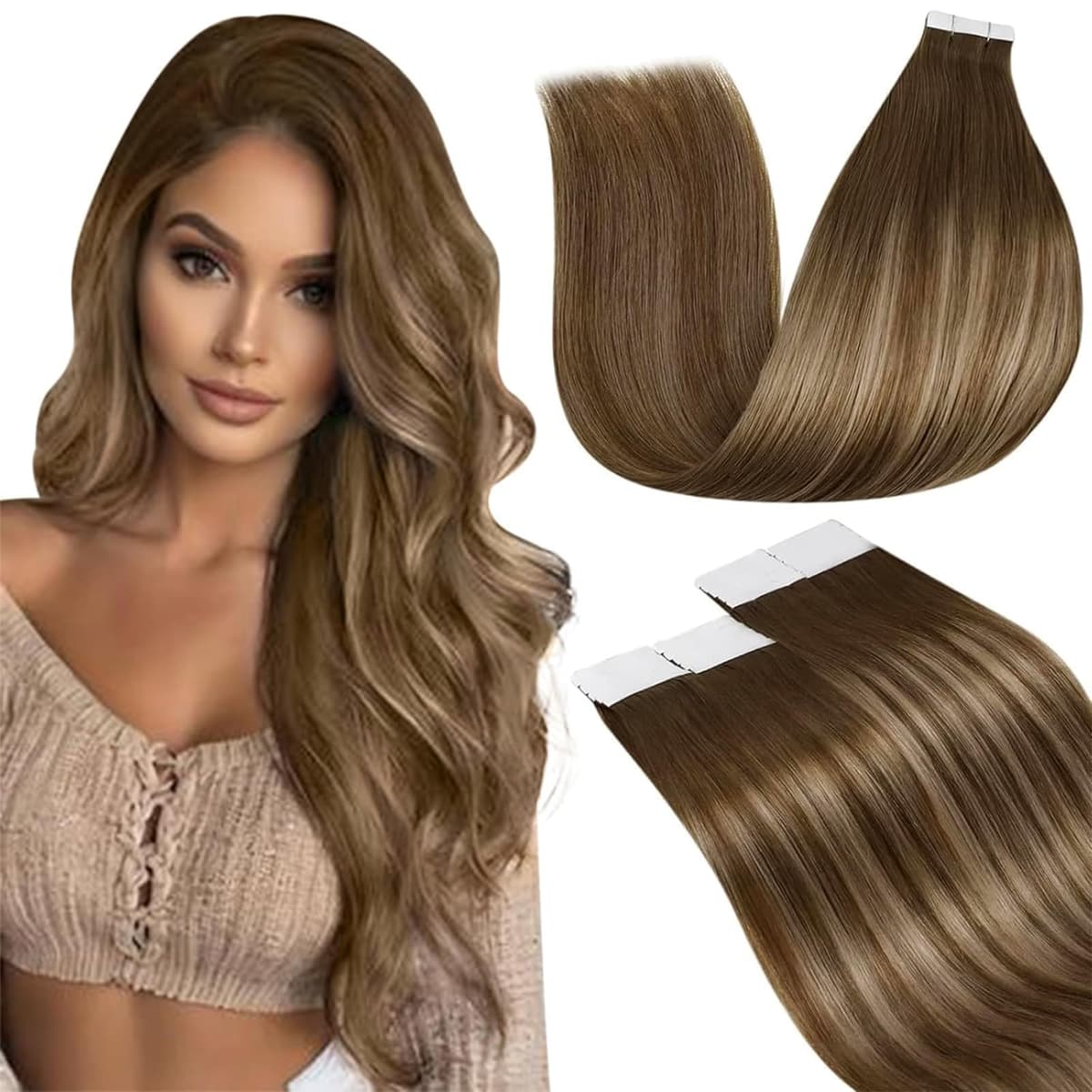 LaaVoo Tape in Hair Extensions Human Hair Blonde Tape Hair Extensions Real Human Hair Invisible Tapes Remy Straight Balayage Brown to Blonde Hair Double Sided Tabs 20pcs 50g 16 Inch #8/18/60 — view 66