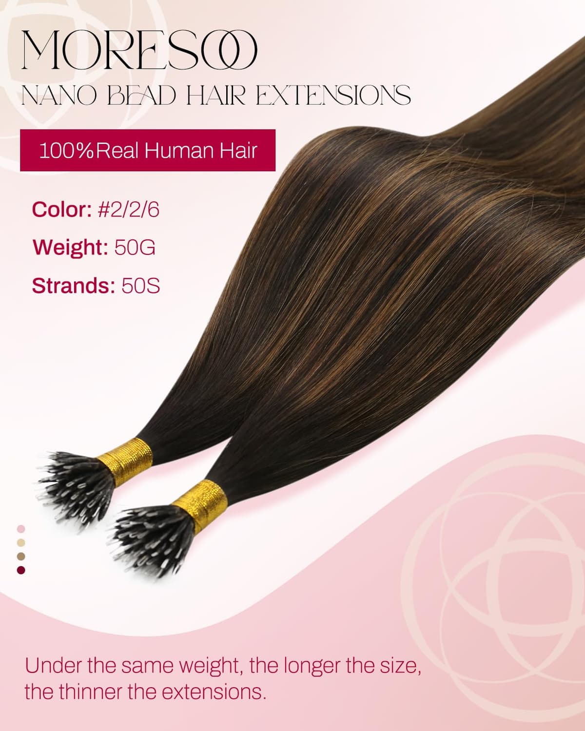 Moresoo Nano Hair Extension Remy Hair 18 Inch 1g/s Balayage Dark Brown and Medium Brown Nano Beads Human Hair Extensions Natural Reflection 50 Strands #2/6/2 — view 2
