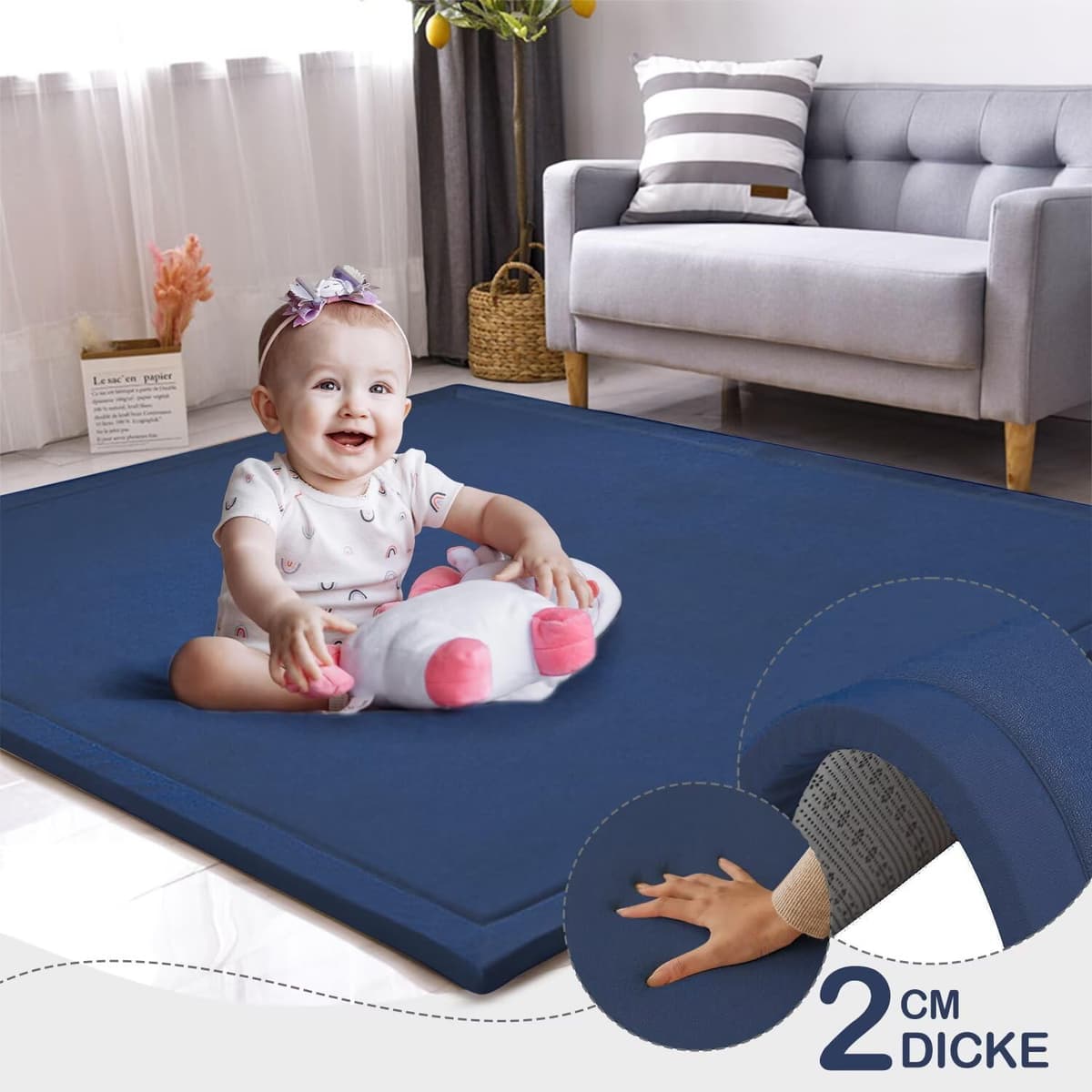 LEHOUR Engrosamiento Coral Terciopelo Alfombra Manta de rastreo para niños Alfombras Suaves de Tatami Antideslizante para niños Enlarge Play Mat (Azul Oscuro, 150 * 200CM) — view 4