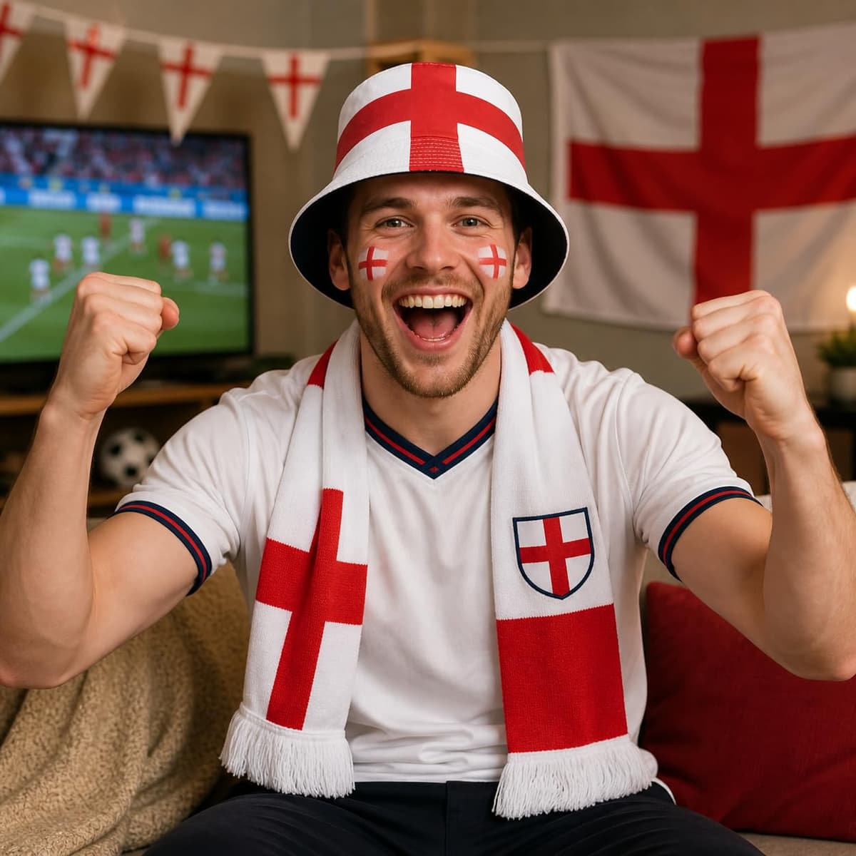 YESAH England Bucket Hat for World Cup,St Georges Cross Football Fan Sun Hat,England Fan Accessories Merchandise for 2026 Match Essential,Reversible 56-58cm,Men&Women White,Red — view 5